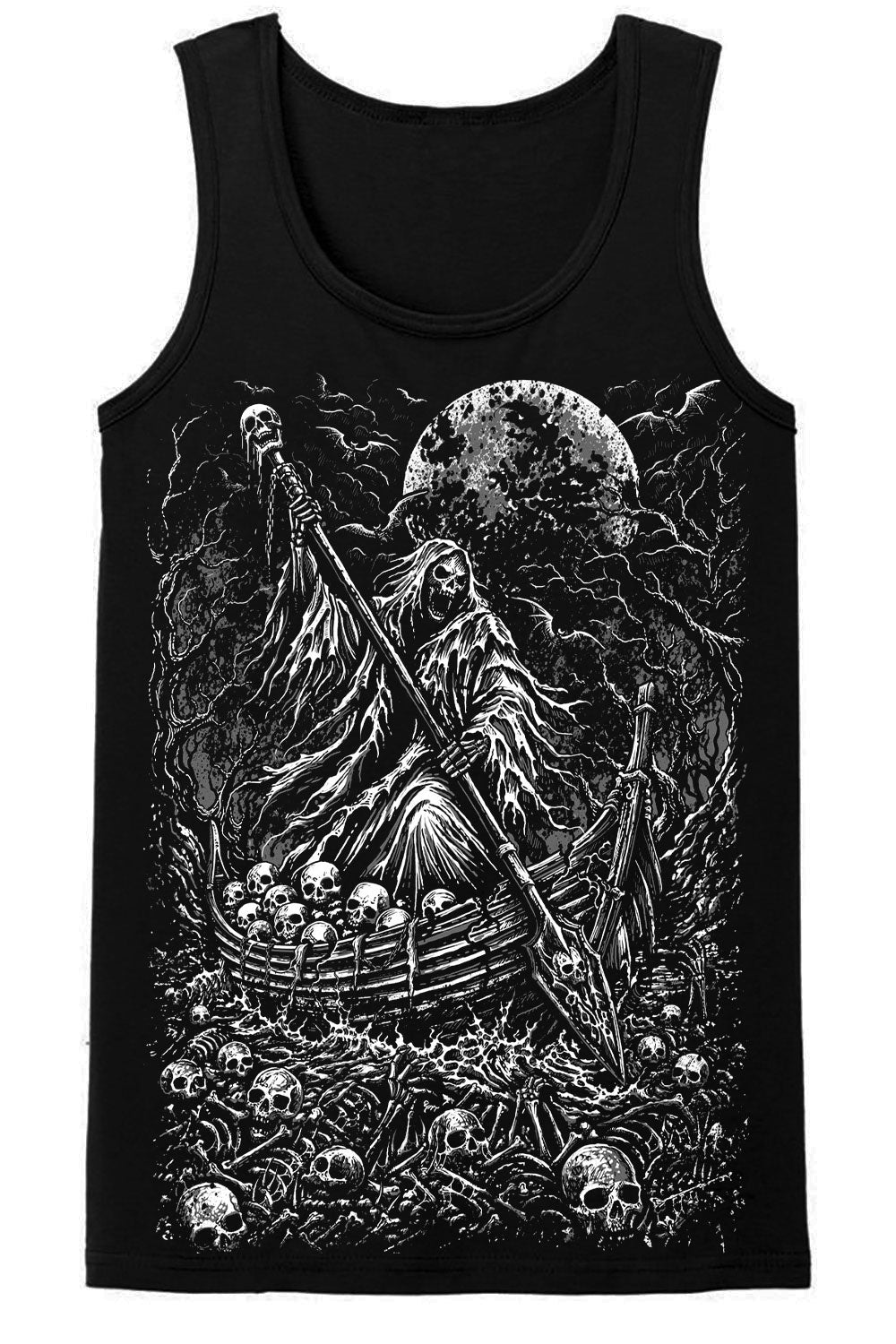 punk emo mens black tank top with charon reaper ferryman graphic in the sea of the dead