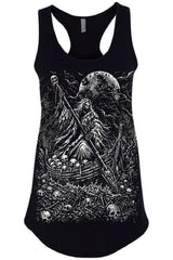 womens black racerback tank top with creepy skeleton ferryman sailing through sea of skeletons