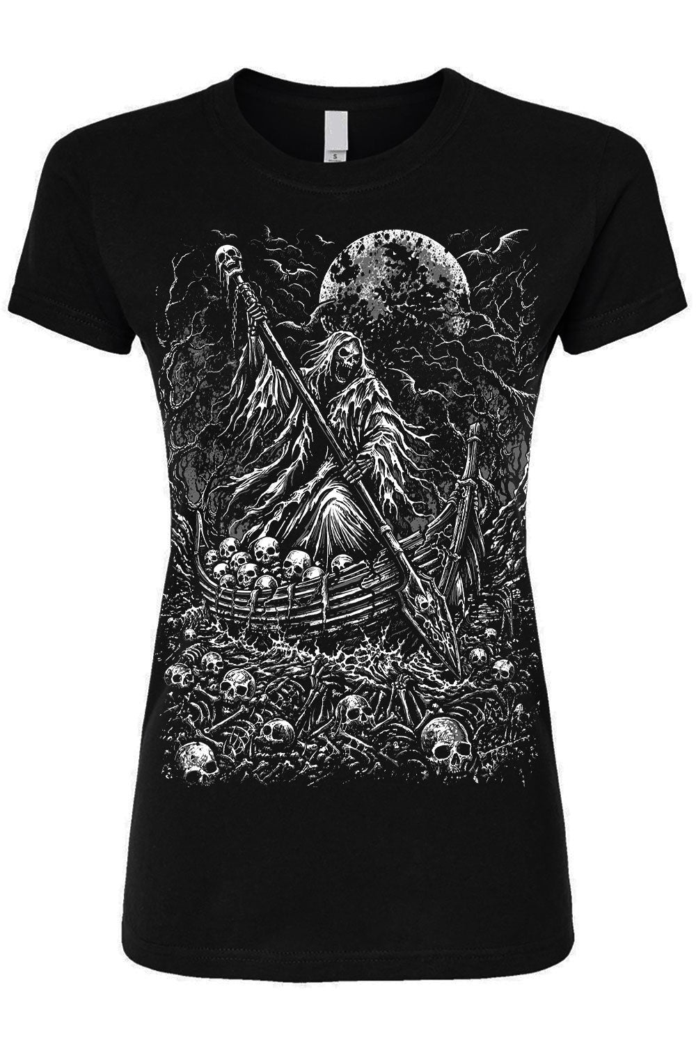 creepy skeleton ferryman graphic womens tshirt in a sea of skeletons
