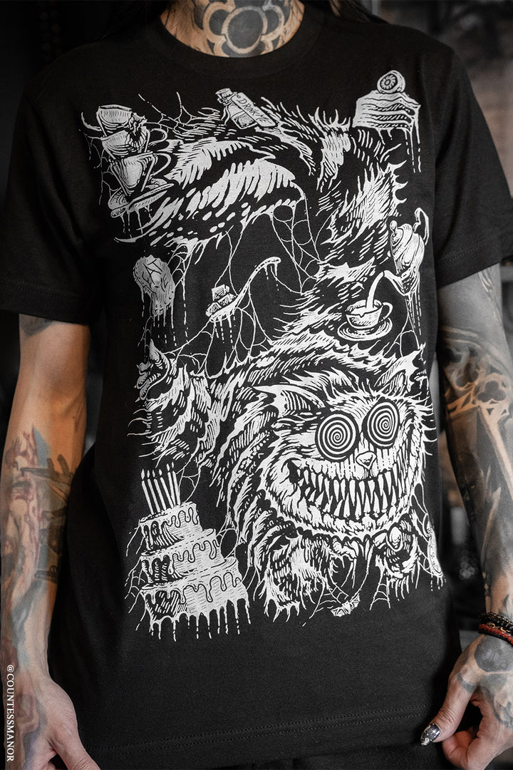 spooky black cotton alice in wonderland cheshire cat mad tea party shirt