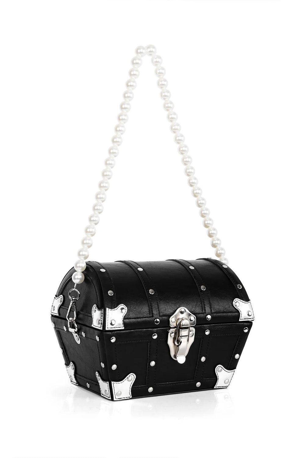 treasure chest bag with pearl top handle and chain crossbody strap covered in gems