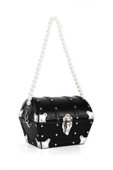 treasure chest bag with pearl top handle and chain crossbody strap covered in gems