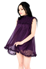 sleeveless purple sheer chiffon ruffle dress