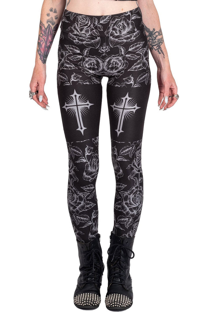 Classic Goth Rose Cross High Waist Leggings - womens bottoms - VampireFreaks - Too Fast