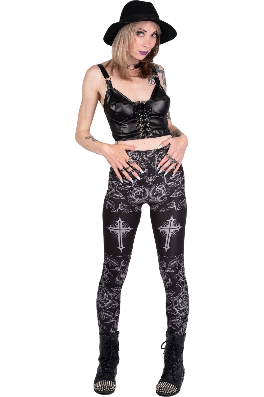 Classic Goth Rose Cross High Waist Leggings - womens bottoms - VampireFreaks - Too Fast