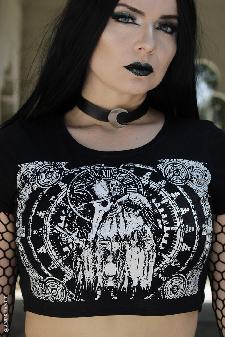 Clockwork Plague Doctor Crop Top - womens graphic tees - VampireFreaks - VampireFreaks