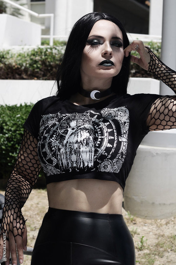 Clockwork Plague Doctor Crop Top - womens graphic tees - VampireFreaks - VampireFreaks