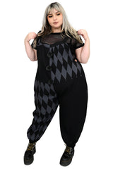 foxblood grey and black clowncore overalls