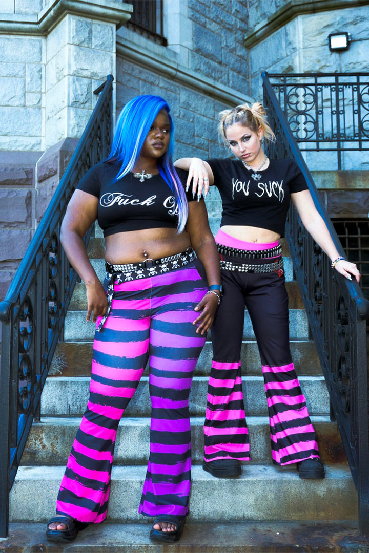 womens emo pink and black striped bell bottoms