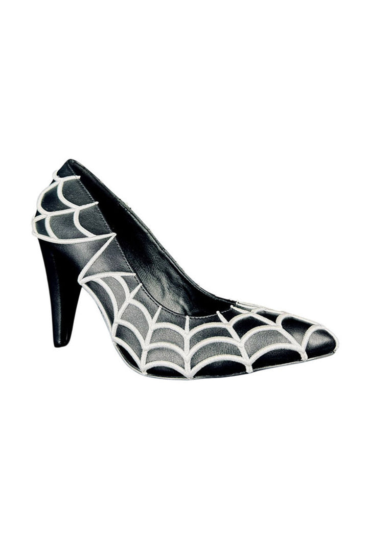 Black high-heeled shoe with spider web design on a white background