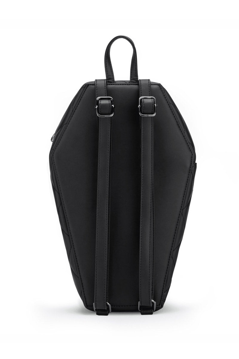 matte black rock rebel's coffin backpack with bat studs