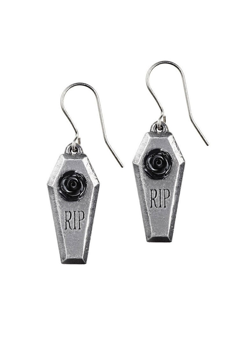 Coffin-shaped earrings with rose details on a white background