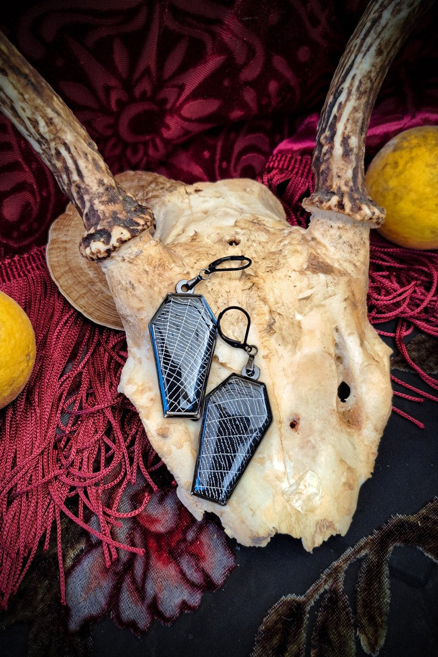 weird spider coffin dangle earrings