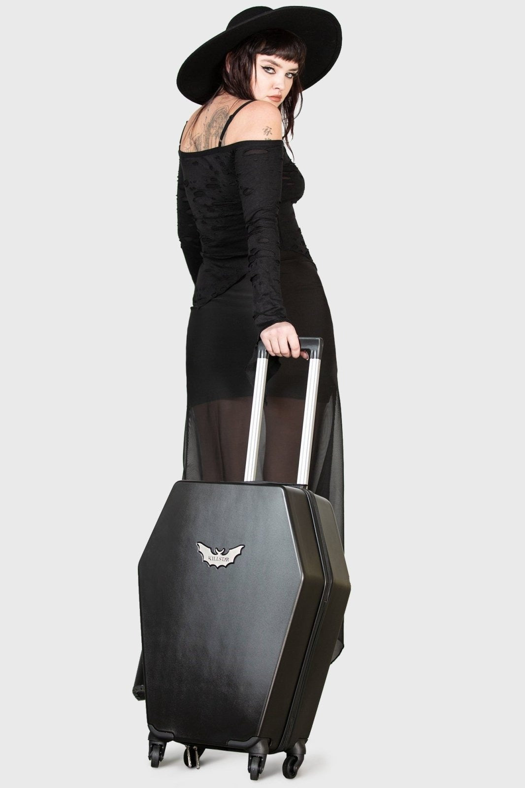 coffin goth carry on suitcase with bat detail