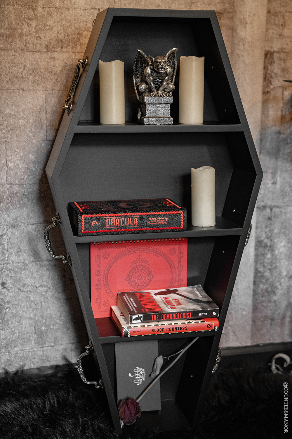black wooden 3 foot tall coffin shelf