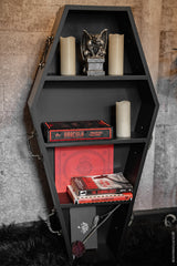 black wooden 3 foot tall coffin shelf