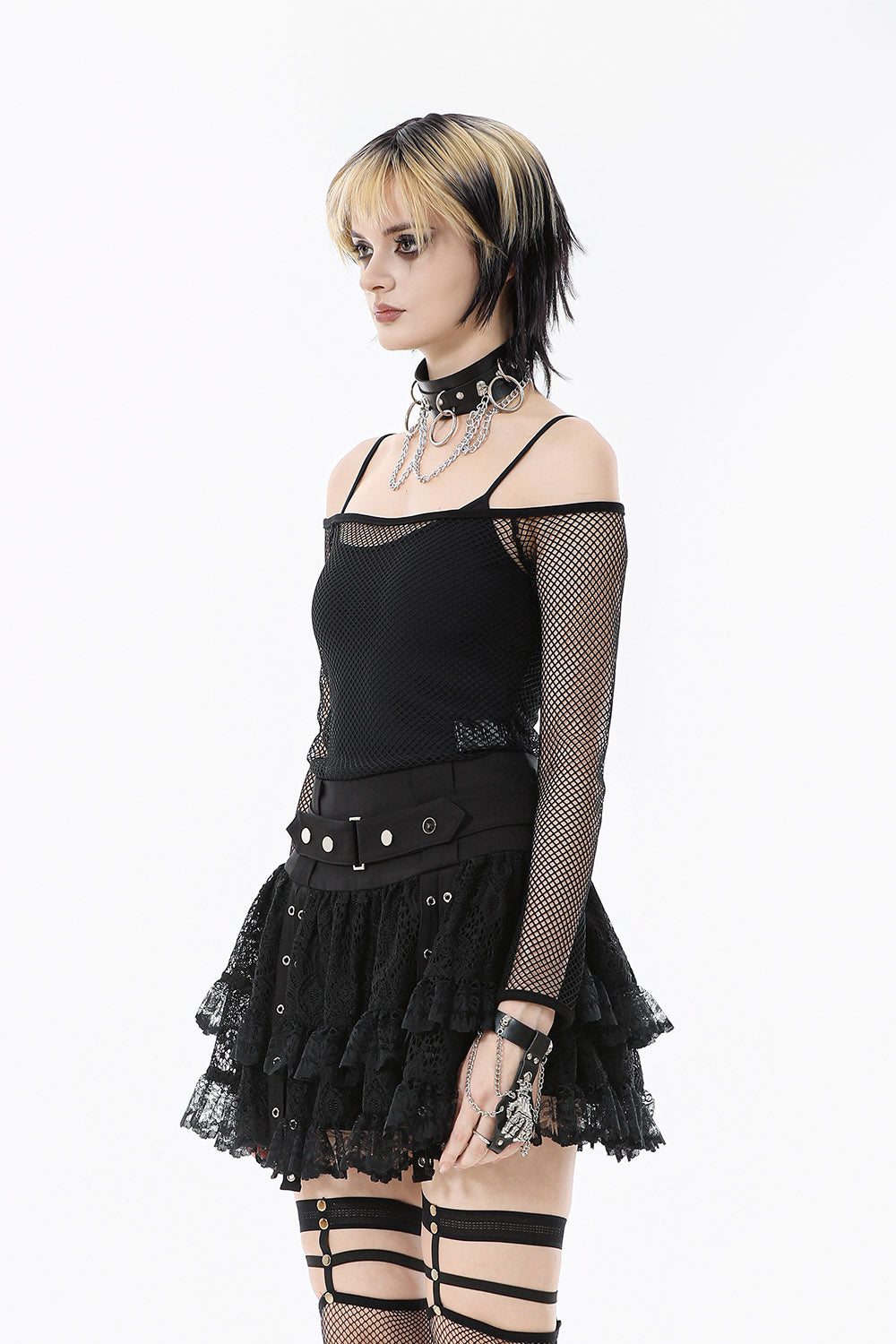 grunge long sleeve off the shoulder fishnet shirt