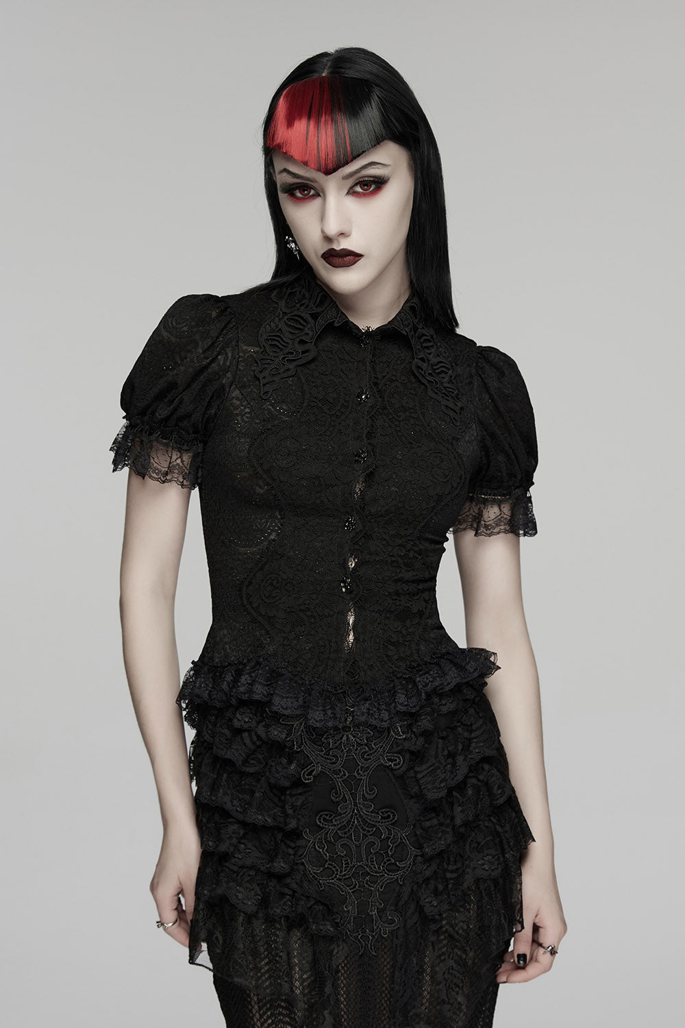 black lace puff sleeve blouse shirt with ruffle cuffs