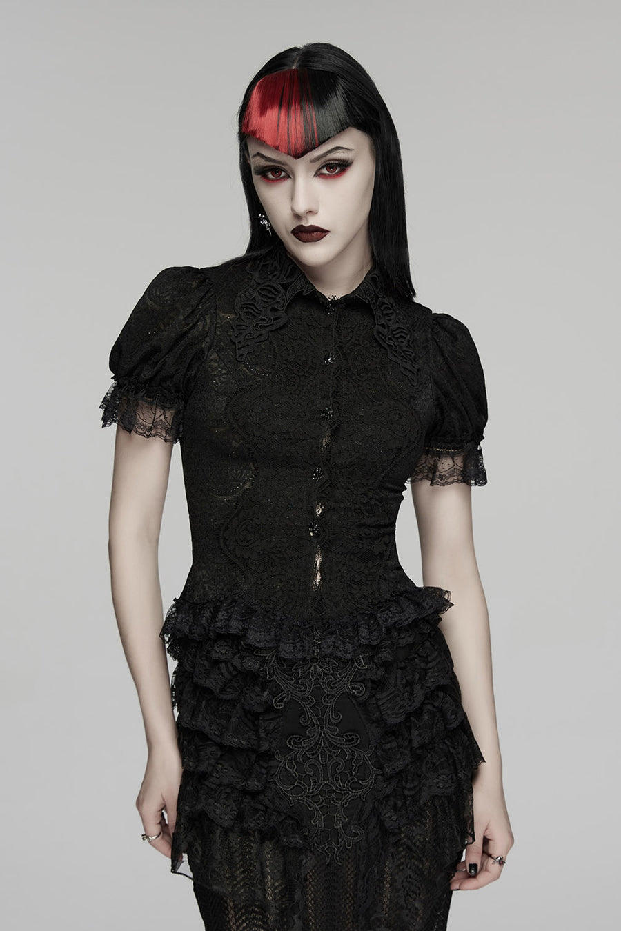 black lace puff sleeve blouse shirt with ruffle cuffs