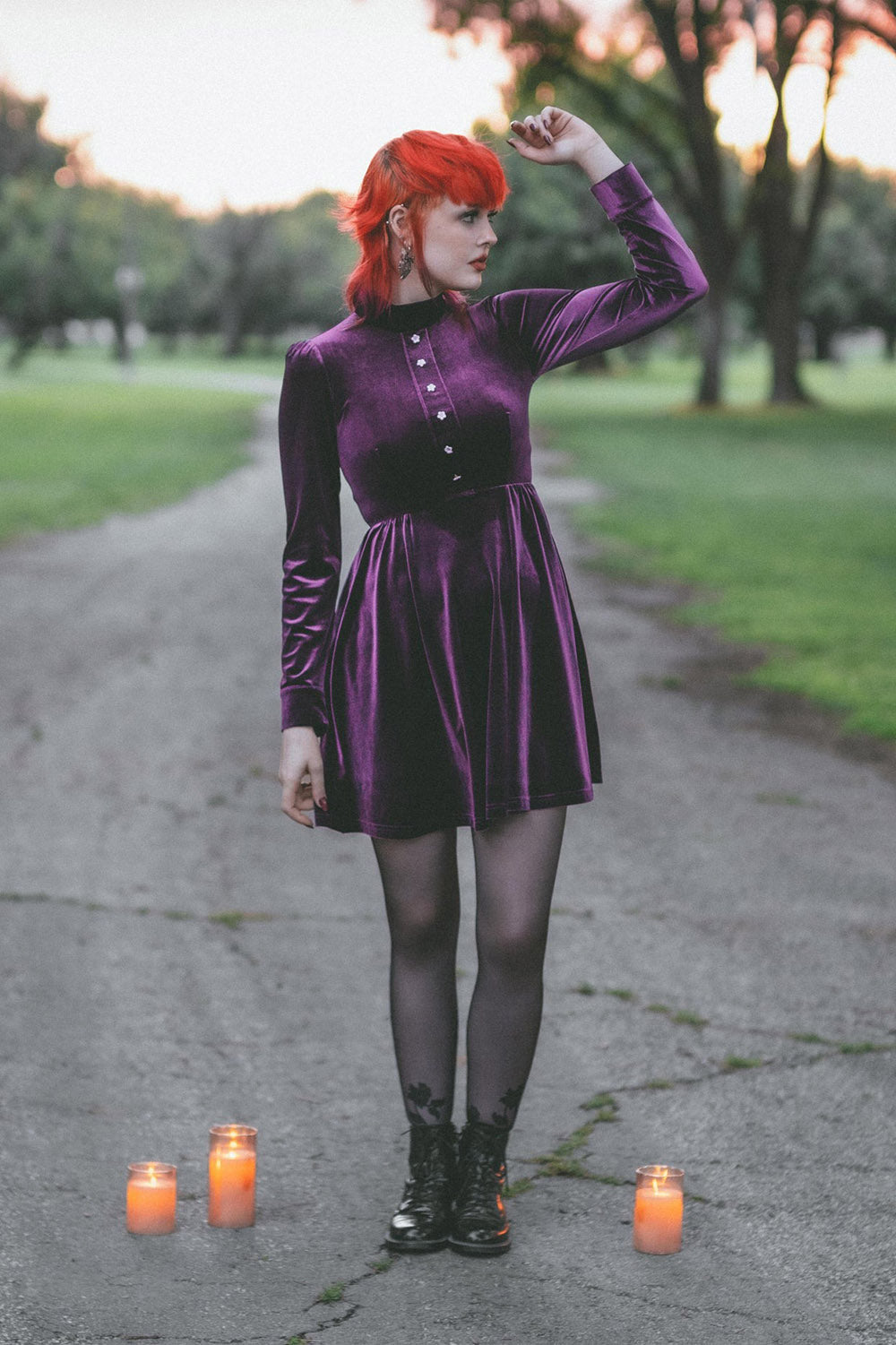 high collar purple dress made of velvet
