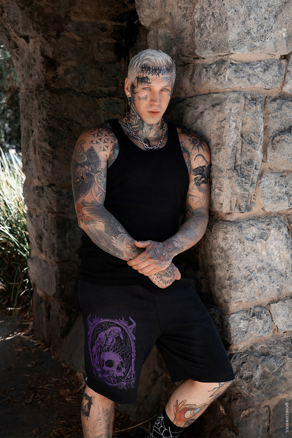 goth sweat shorts with raven print graphic