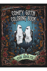 Cover of 'Comfy Goth Coloring Book for Adults' with ghosts on a swing and decorative border.