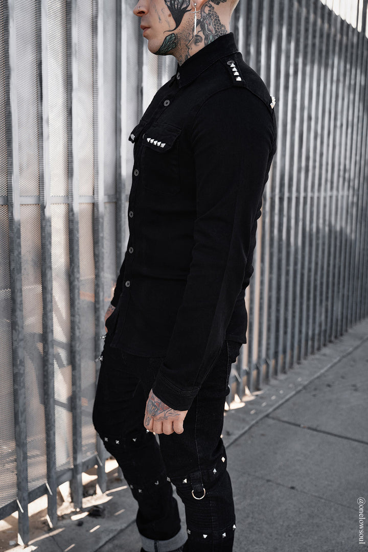 mens black denim gothic shirt with shoulder straps