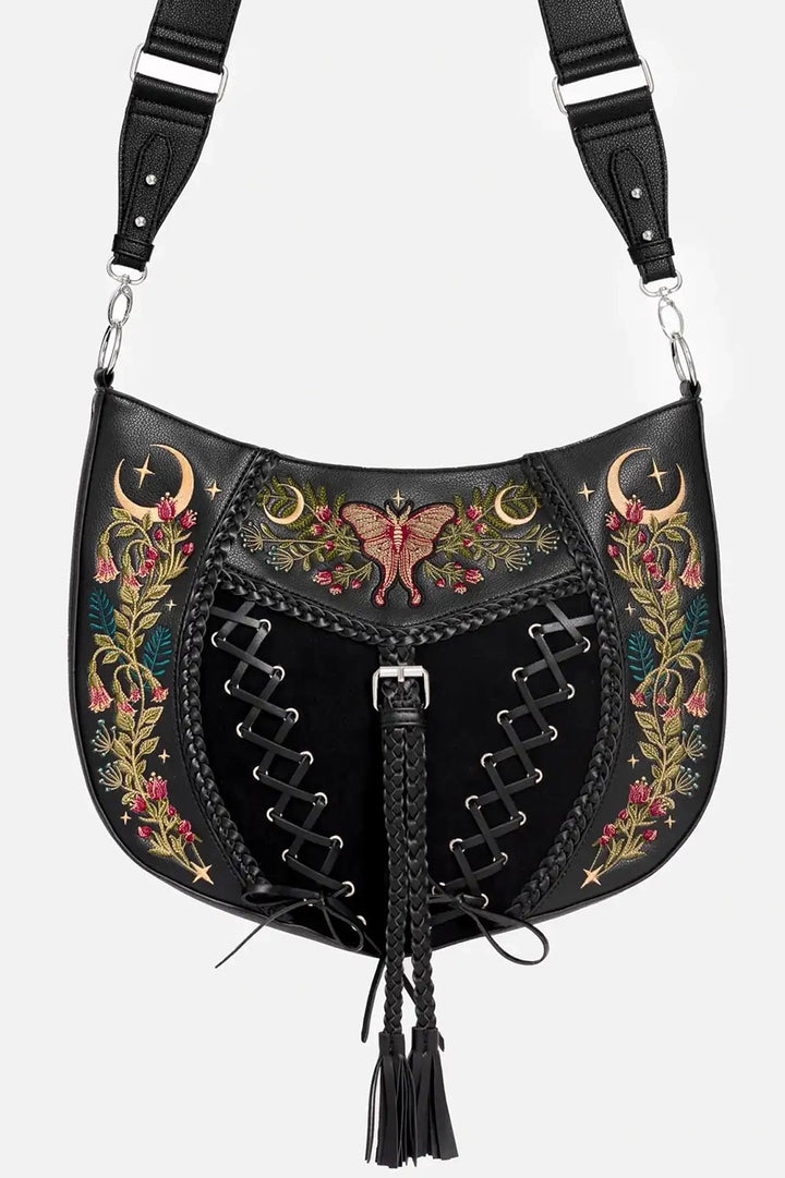Black handbag with floral and butterfly embroidery on a white background