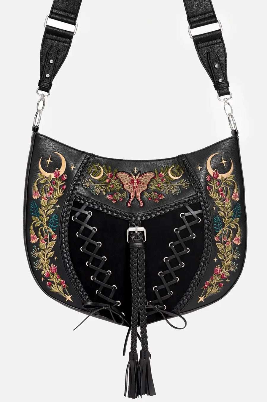 Black handbag with floral and butterfly embroidery on a white background