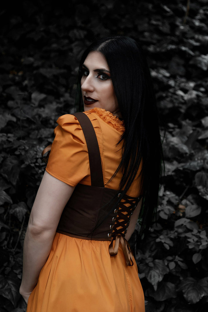 brown lace ruffle corset on a gothic yellow dress