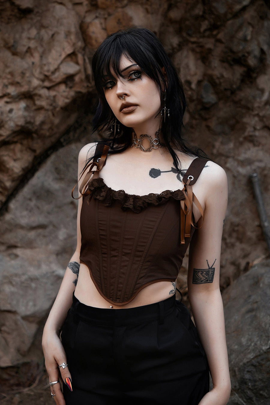 brown lace ruffle corset