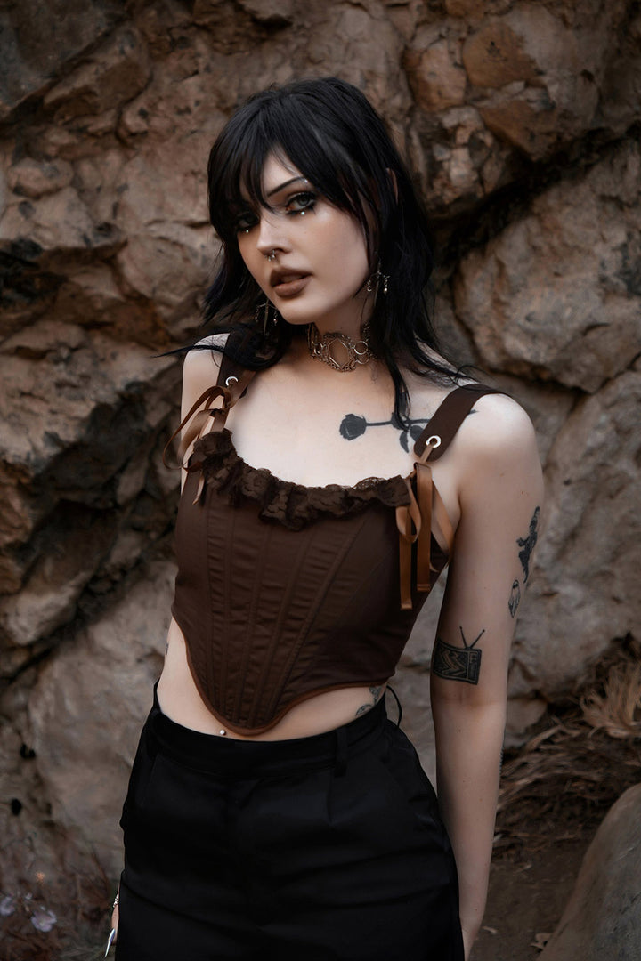 vintage inspired brown lace ruffle corset