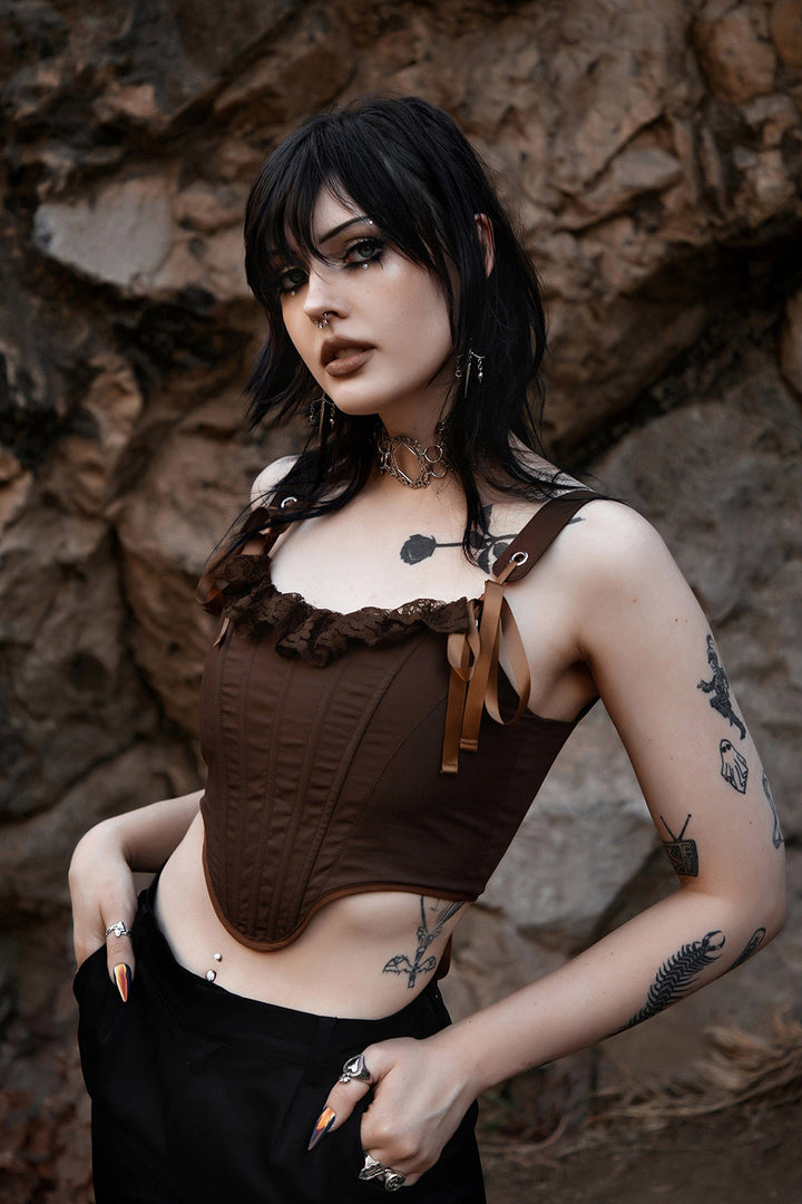 brown lace ruffle corset top
