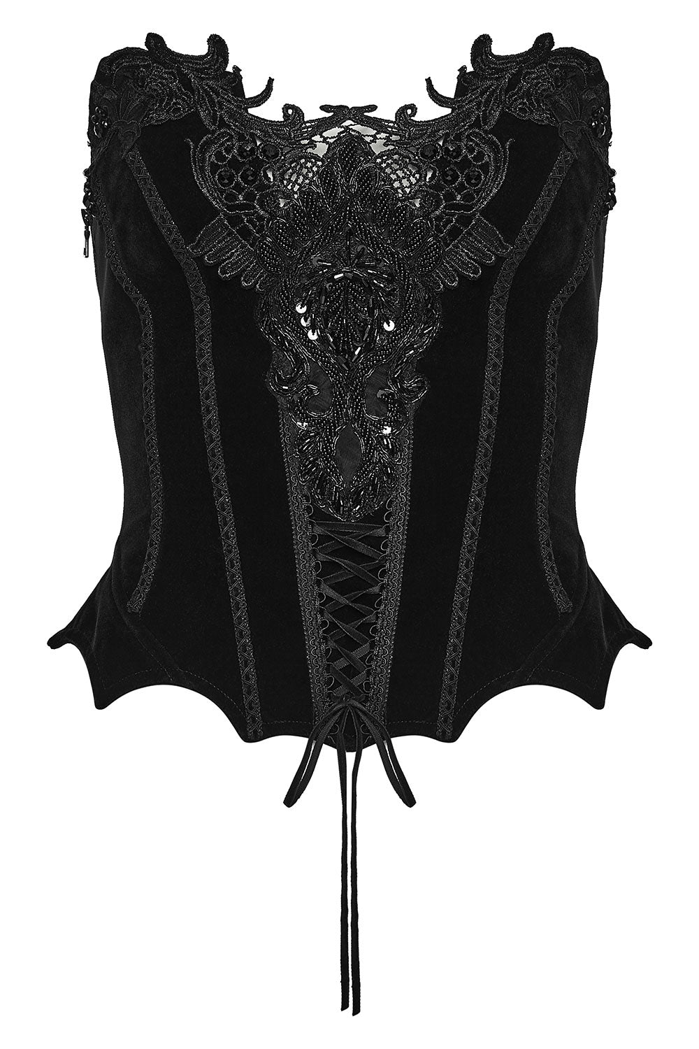 front view of black velvet corset with embroidered front