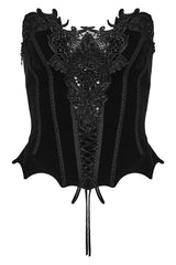 front view of black velvet corset with embroidered front