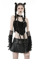 dark in love distressed halter top with corset style front detail