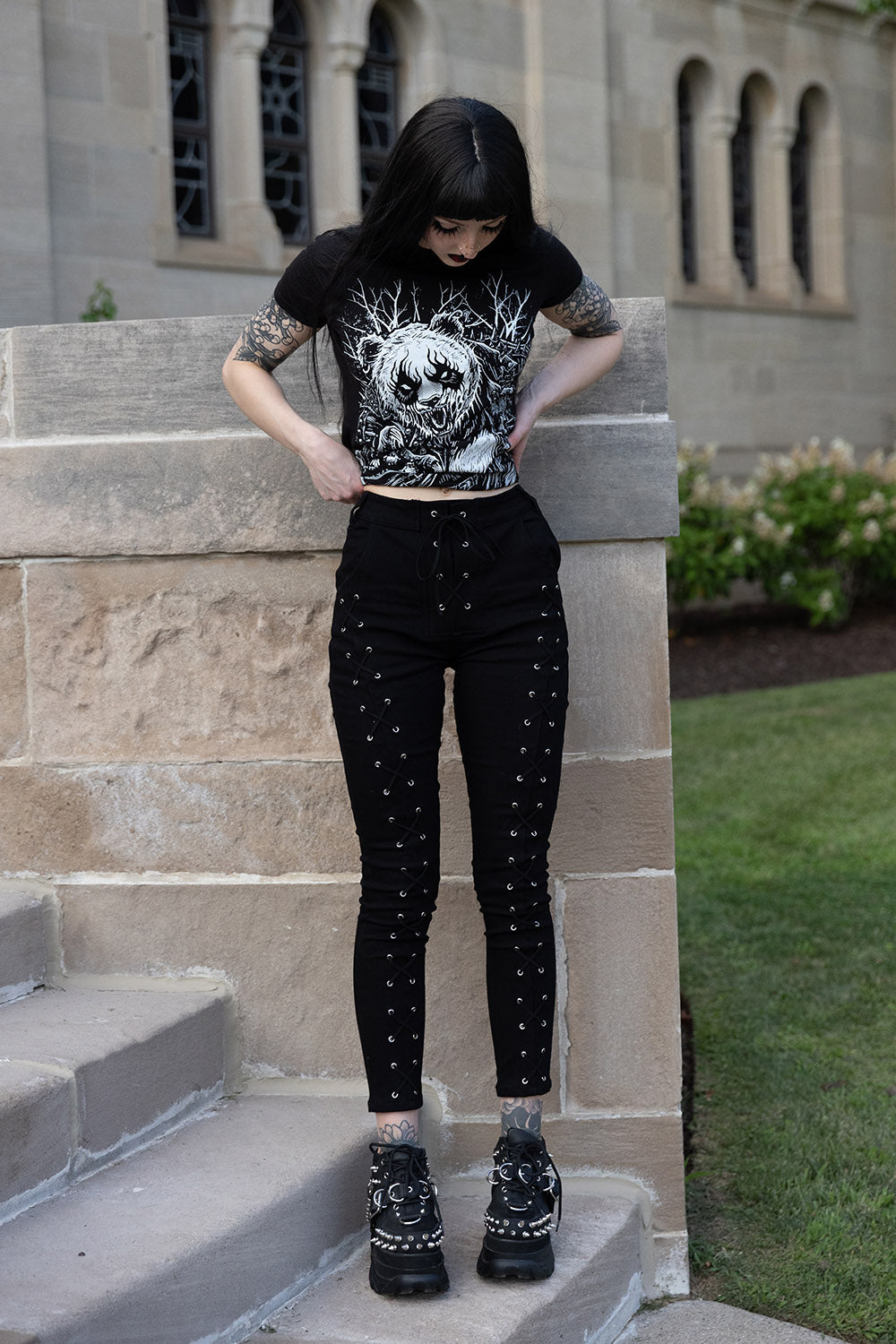 gothic lace-up skinny jeans
