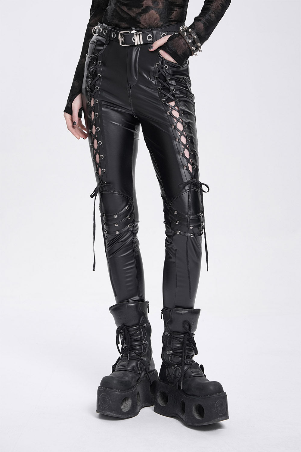 Women's Black Studded Spiked Genuine Leather Pants Gothic