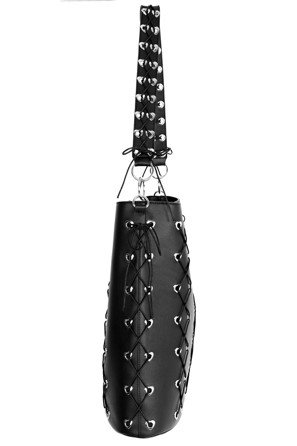 Black leather lolita dark street bag with studded details on a white background