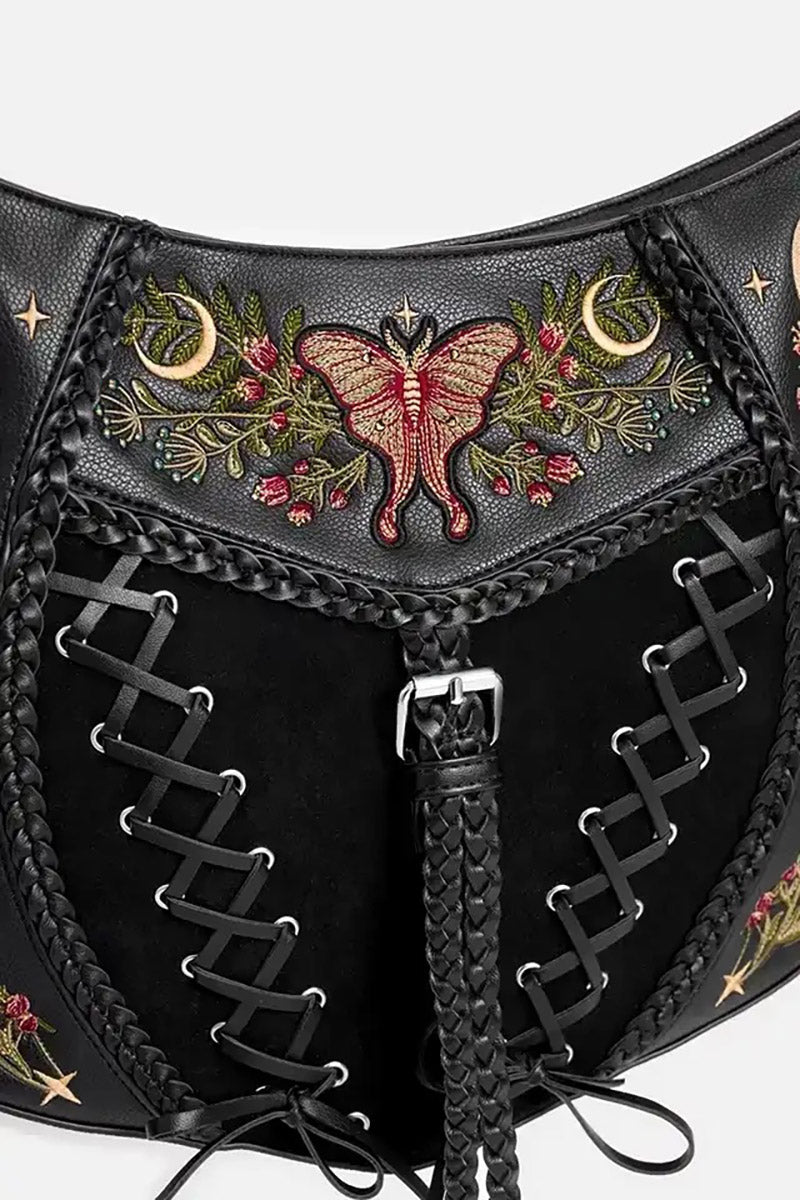 tassel embroidered crescent moon lace-up bag purse
