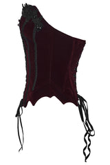 punk rave corset with velvet fabric adorned with intricate black embroidery on the front