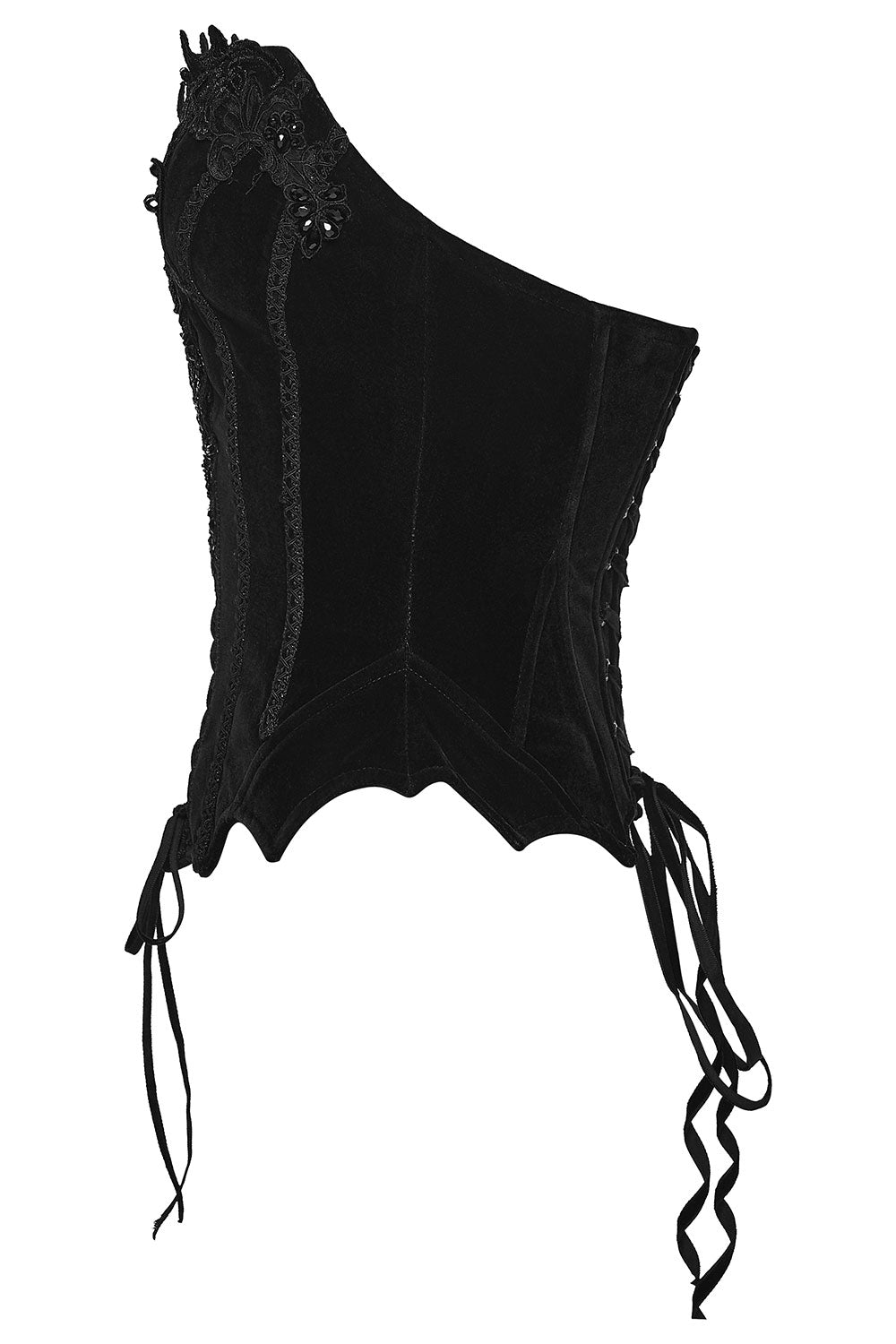 side view of womens black corset with Premium velvet fabric with gentle luster delivers soft, comfortable touch from Punk Rave