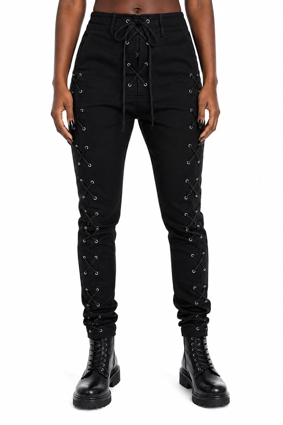 black lace-up corset skinny jeans