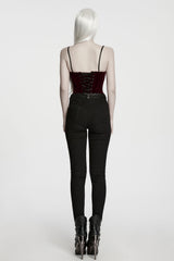 back view of model wearing Velvet Lace Gothic Corset with Intricate Black Embroidery from Punk Rave