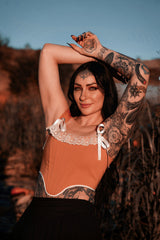womens romantic vintage inspired lace-up brown corset top