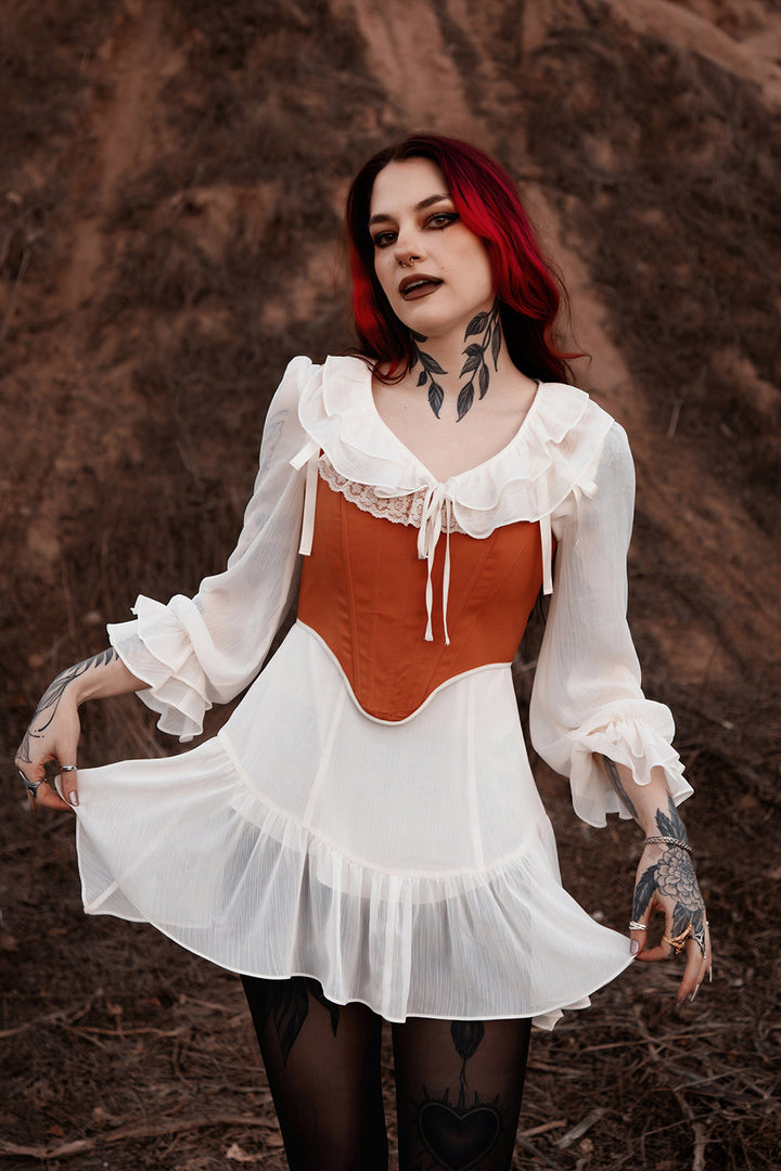 womens ruffled lace-up brown corset top