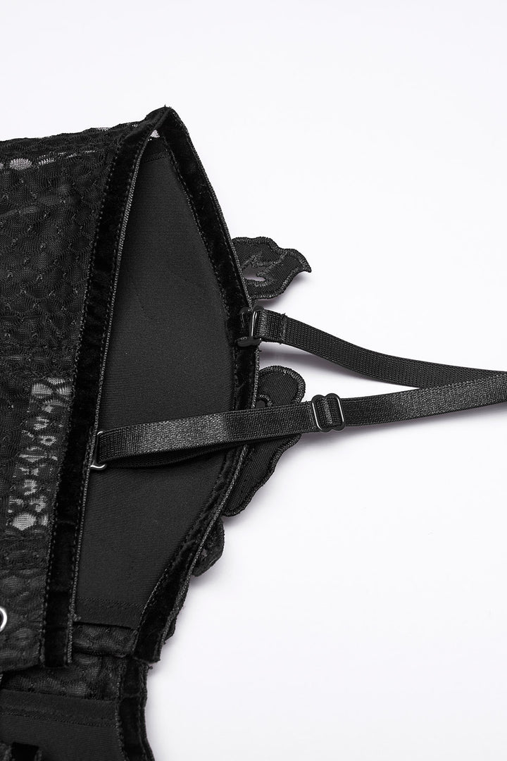 lace-up embroidered gothic black bustier top with front clasp close