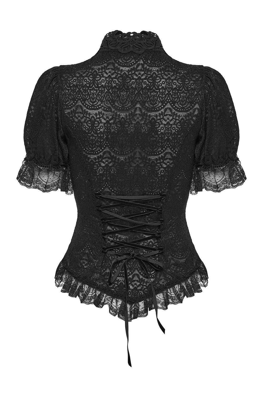 womens high collared black lace puff sleeve blouse 