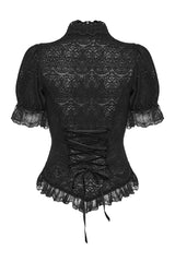 womens high collared black lace puff sleeve blouse 