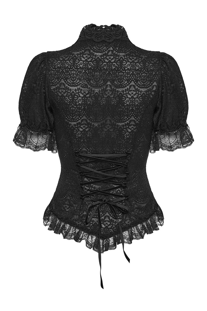 womens high collared black lace puff sleeve blouse 